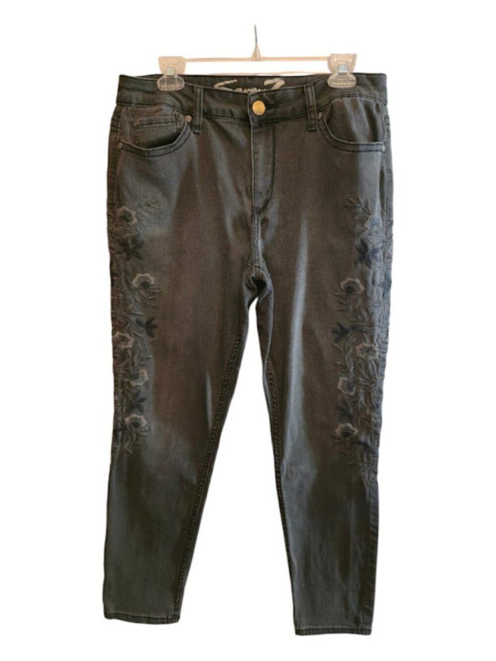 COTTON DENIM SKINNY JEANS FLORAL EMBROIDERED DISTRESSED GRAY SIZE 14 SEVEN7